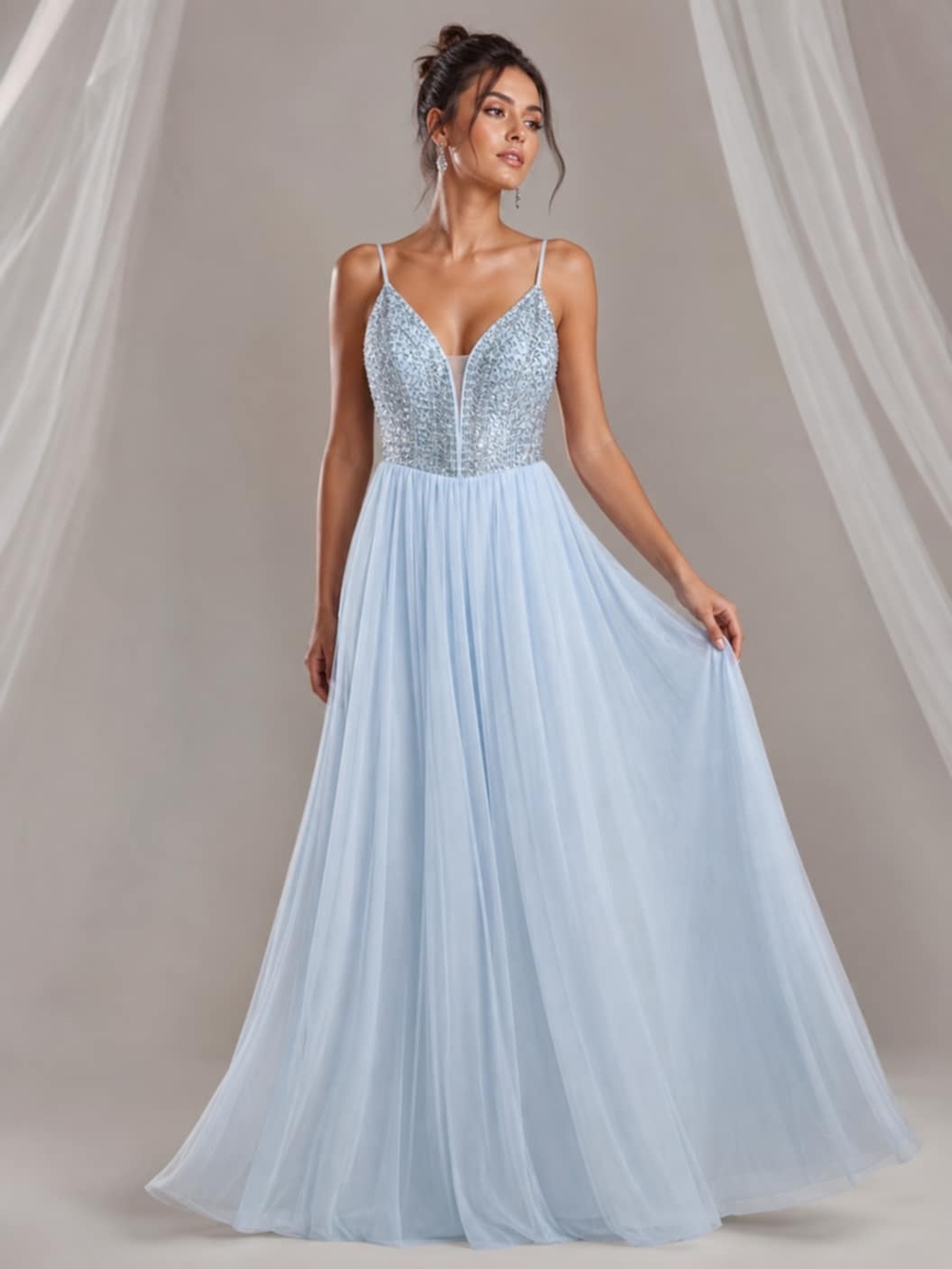 Elegant Light Blue Beaded A-Line Evening Dress